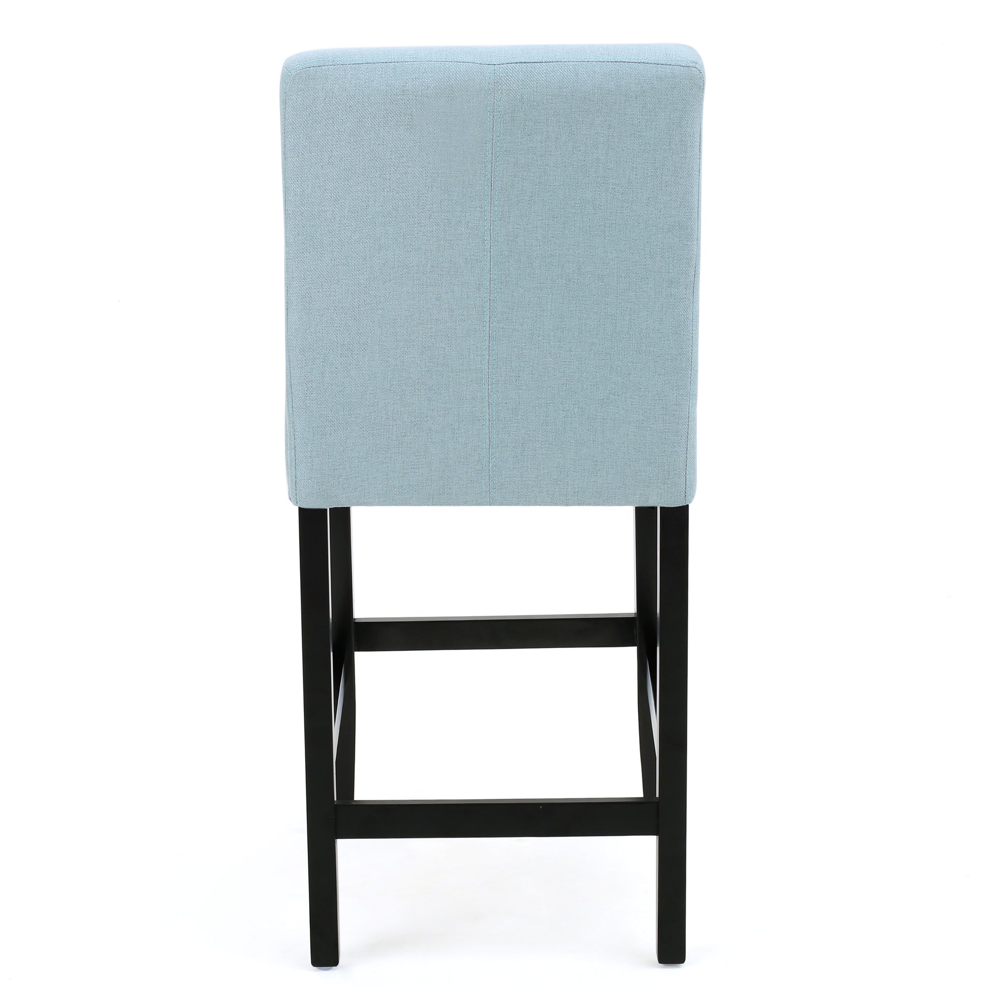 Light blue fabric bar stool with black wooden legs and footrest