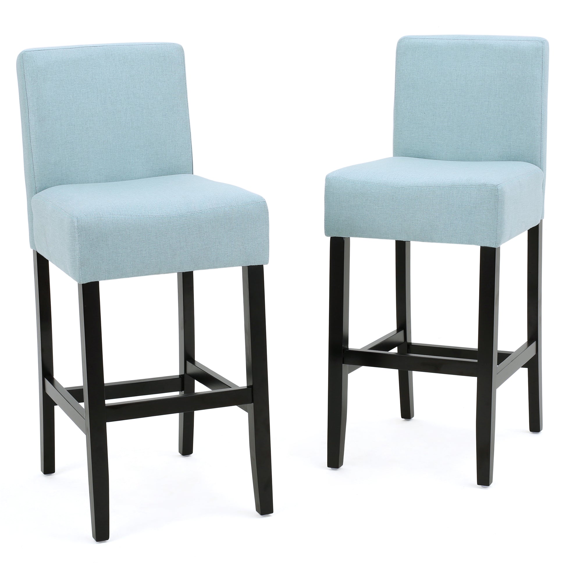 Two light blue fabric counter stools with dark wood legs