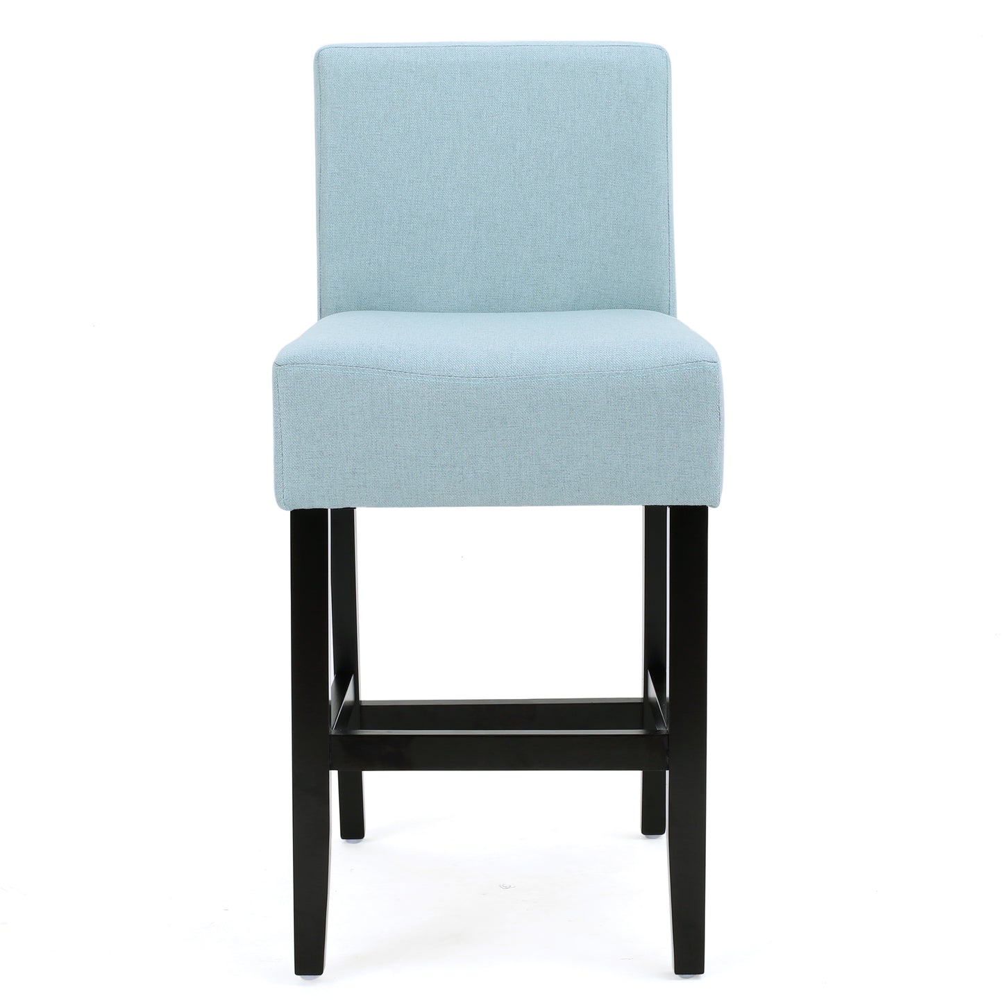 Light blue upholstered bar stool with dark wood legs