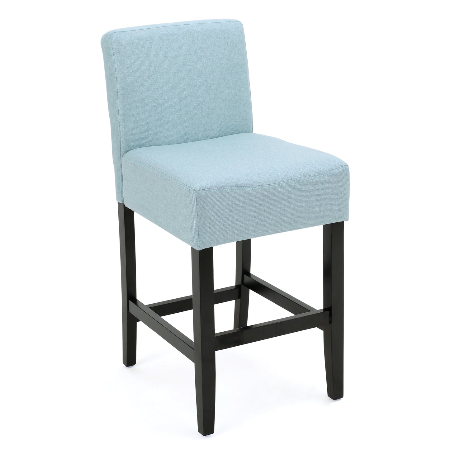 Light blue upholstered bar stool with dark wood legs