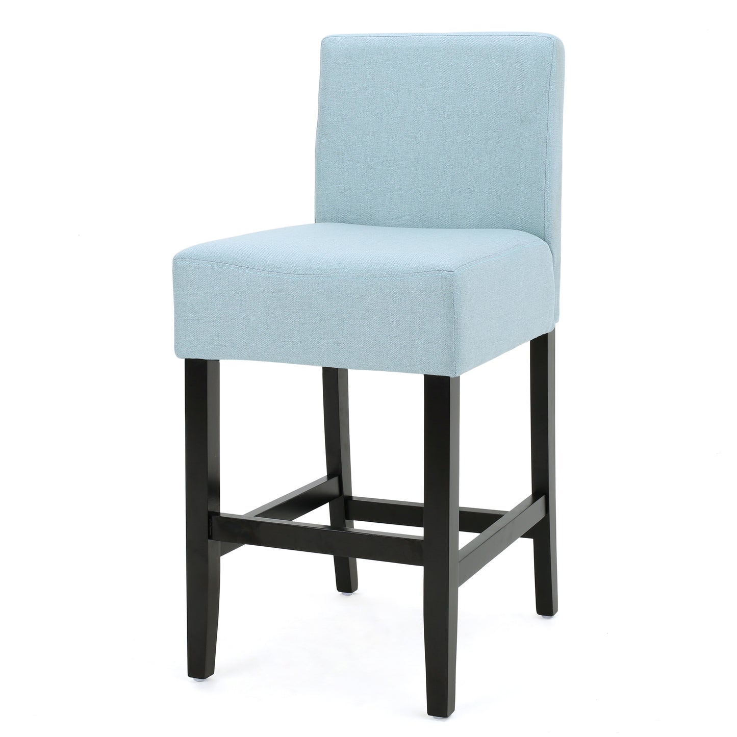 Light blue upholstered bar stool with dark wood legs