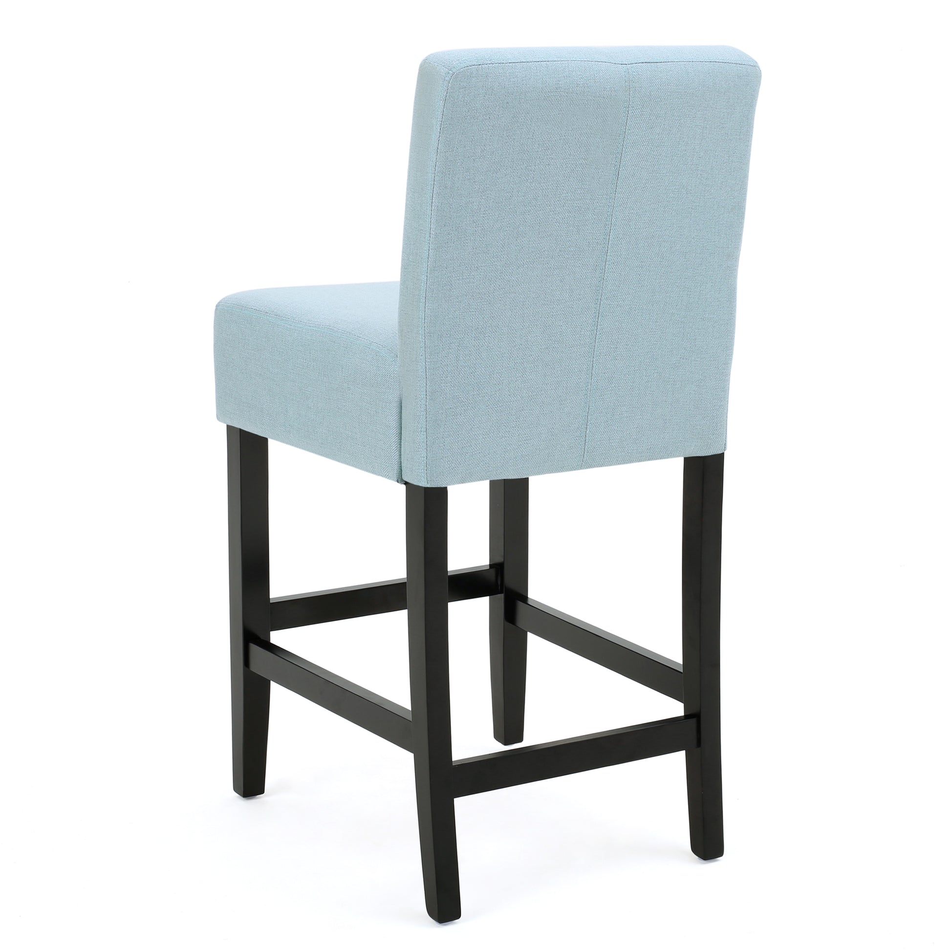 Light blue upholstered bar stool with dark wood legs