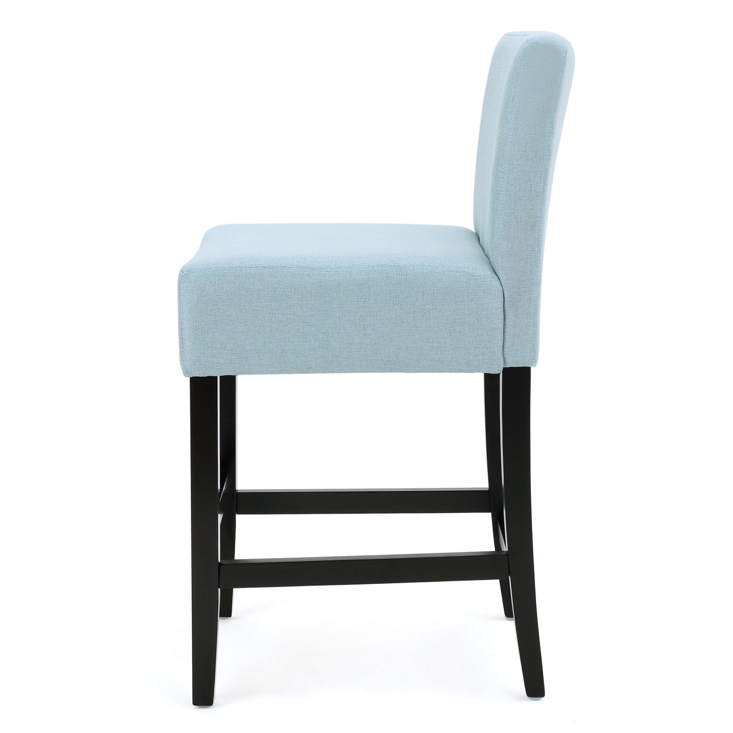 Light blue upholstered bar stool with black wooden legs