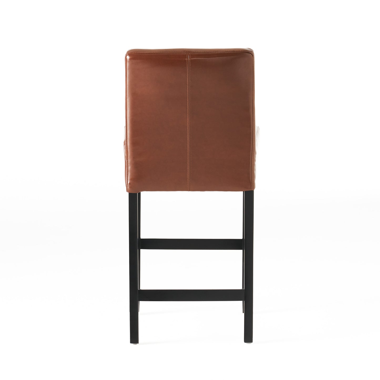 Brown leather bar stool with stitched detail and black metal legs