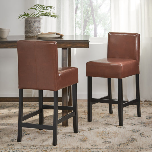 Brown faux leather bar stool with black wooden legs