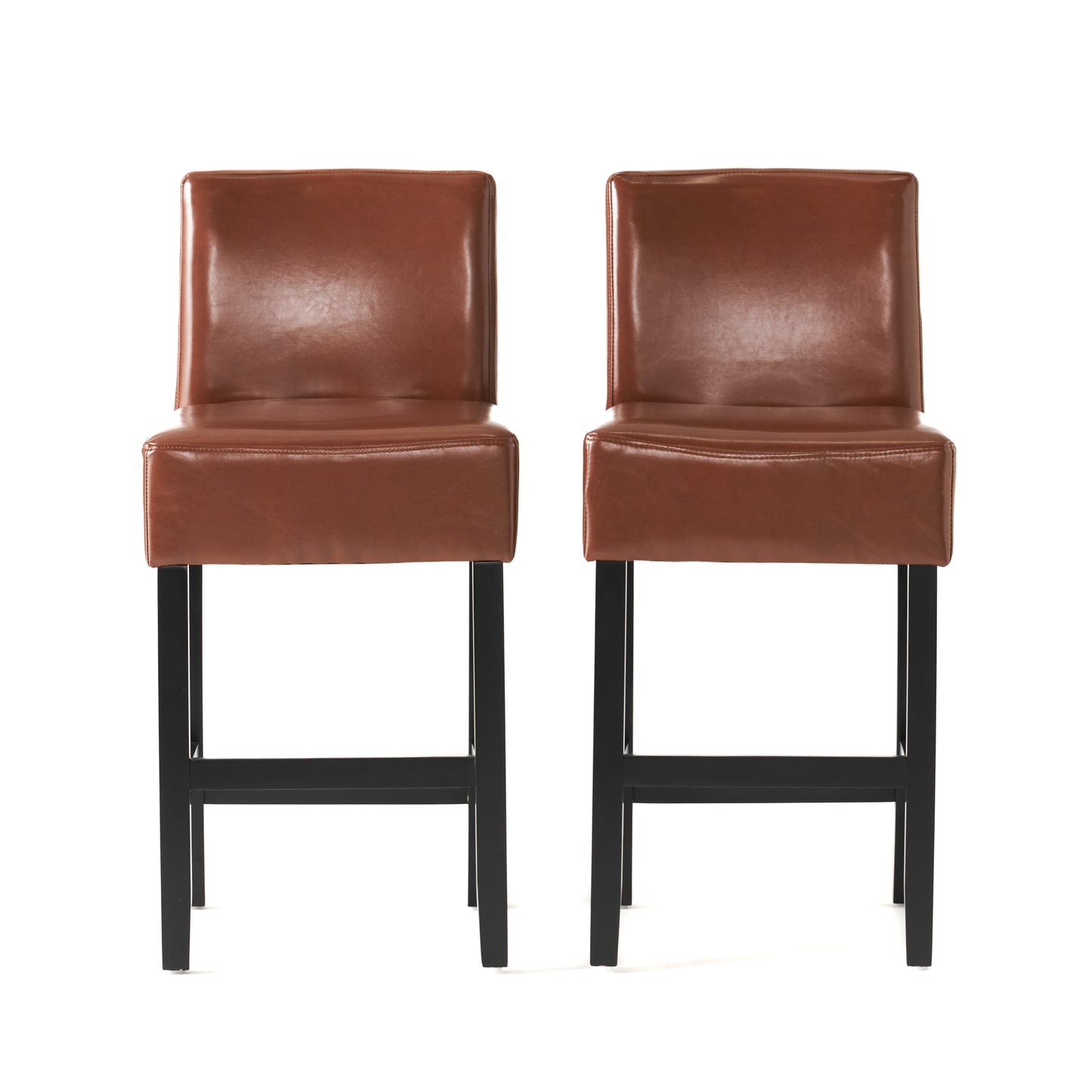 Brown leather bar stools with black metal legs