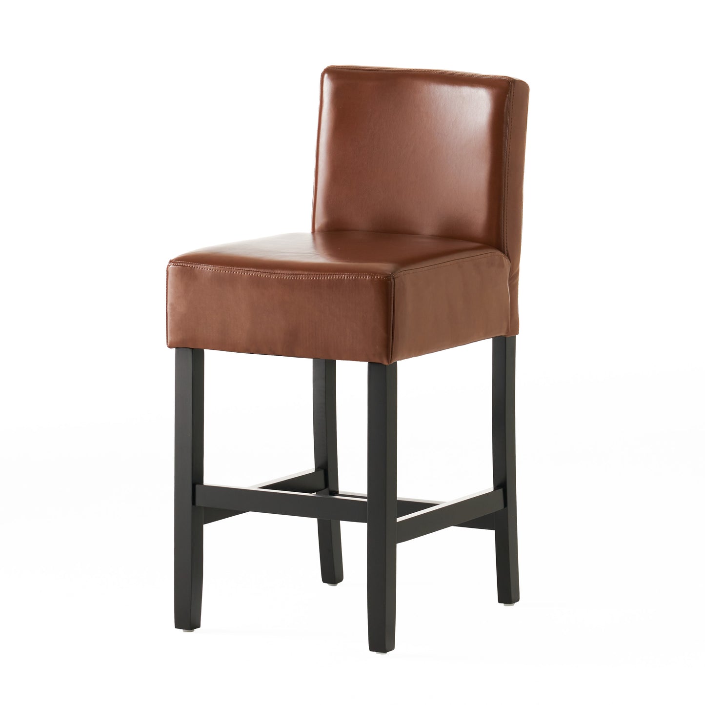 Brown leather bar stool with dark wood frame and clean lines
