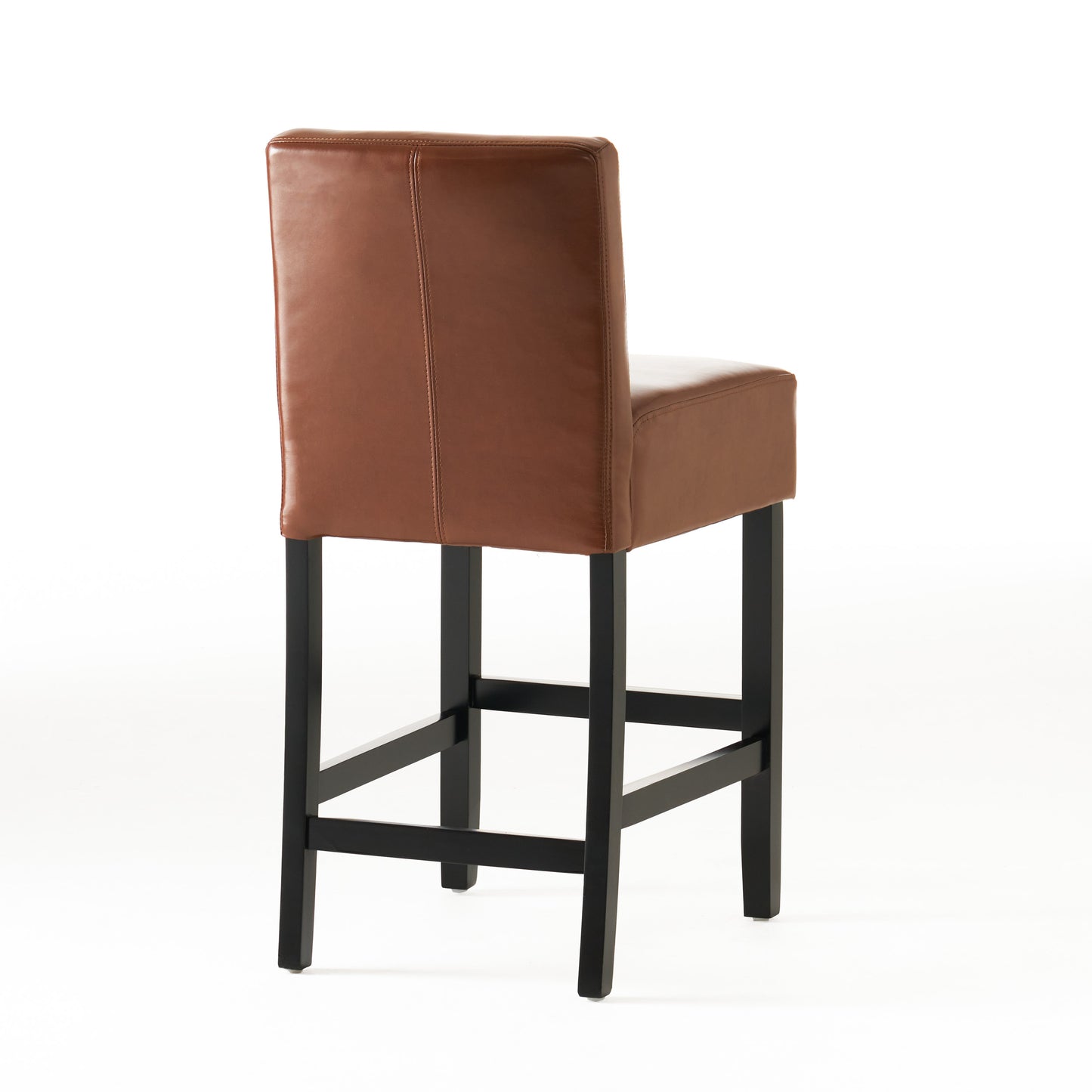 Brown leather bar stool with black wooden legs and a stitched backrest