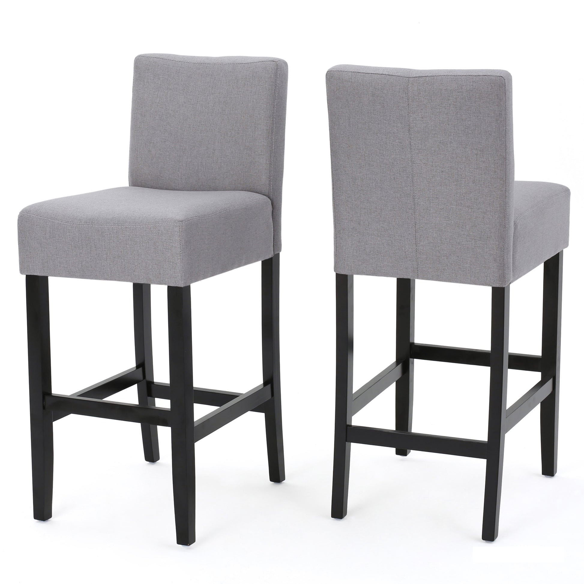 Gray fabric bar stool with black wooden legs