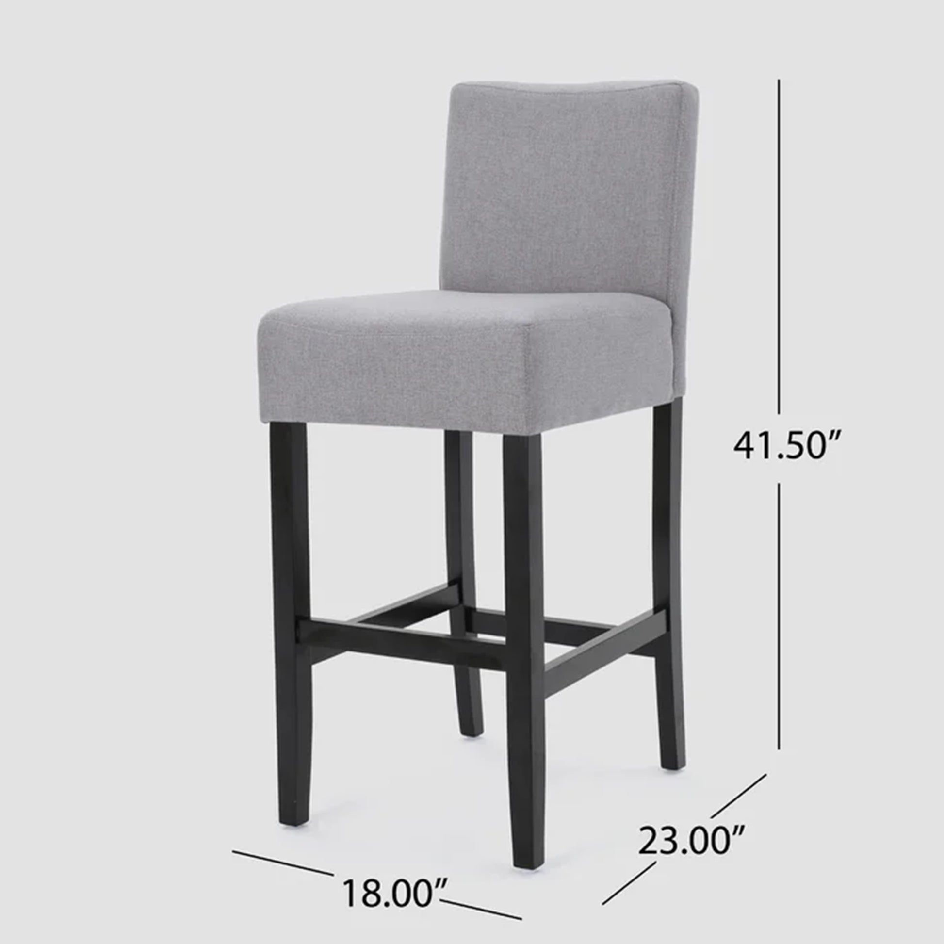 Gray upholstered bar stool with dark wood legs