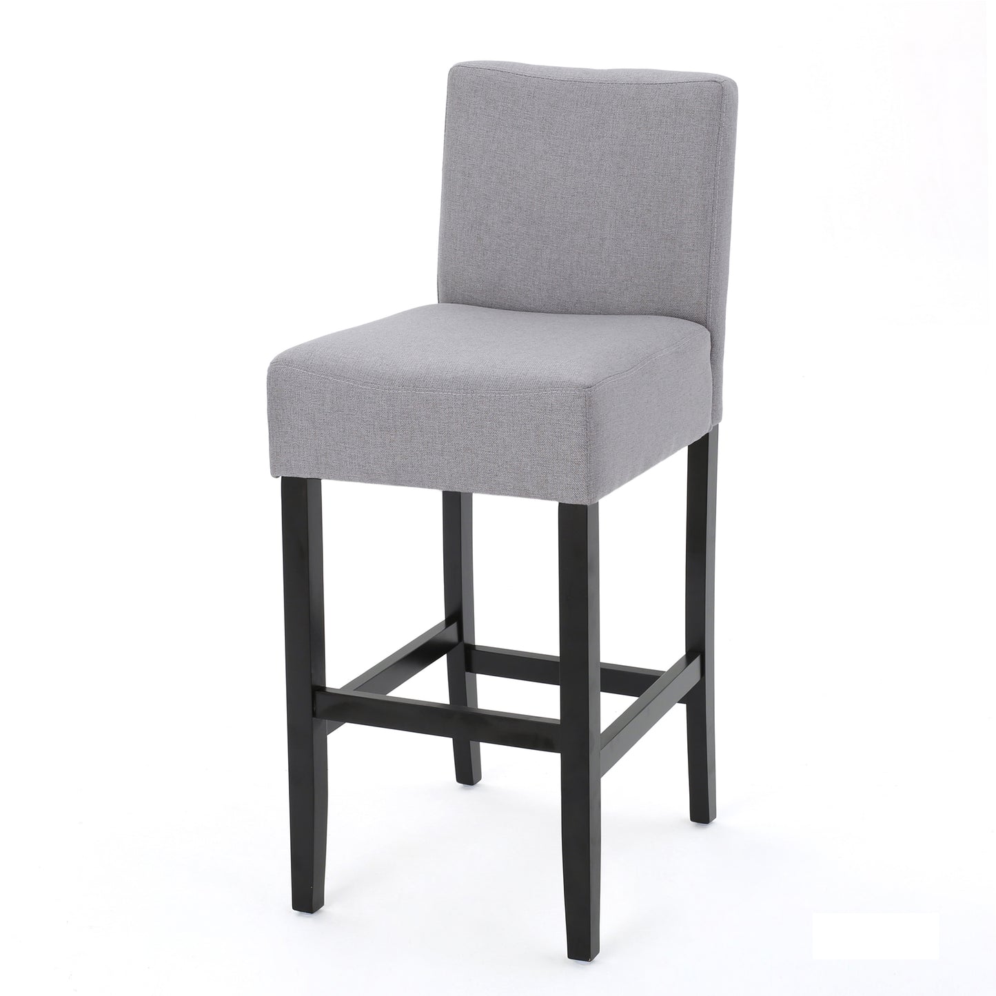Grey fabric upholstered bar stool with black wooden legs