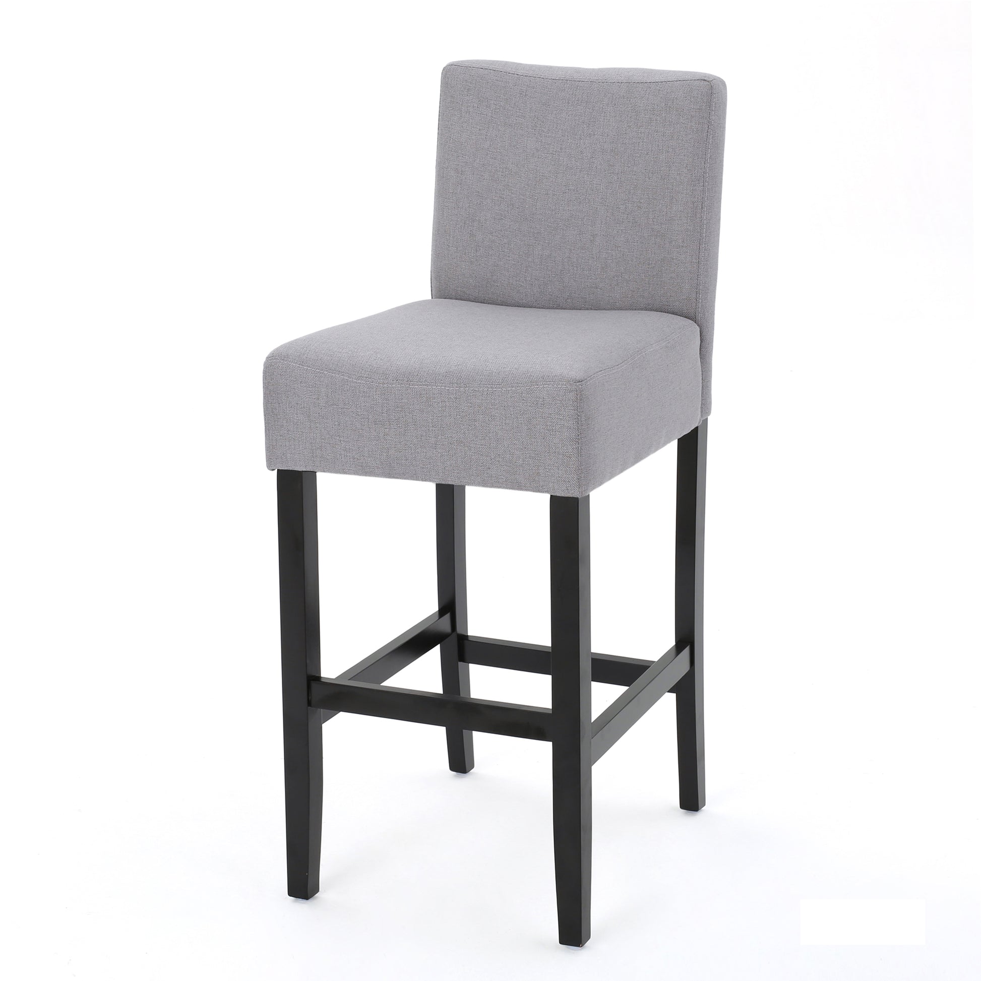 Grey fabric upholstered bar stool with black wooden legs