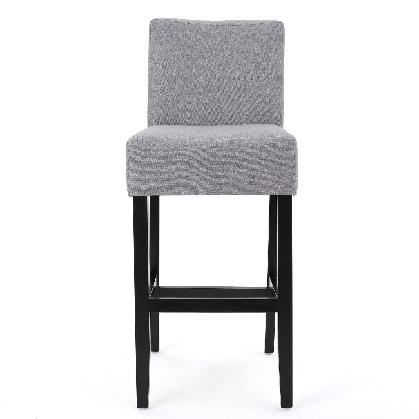 Grey fabric bar stool with black wooden legs