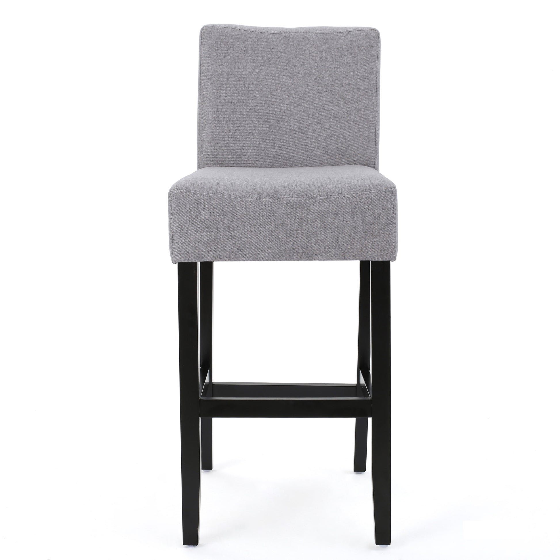 Grey fabric bar stool with black wooden legs