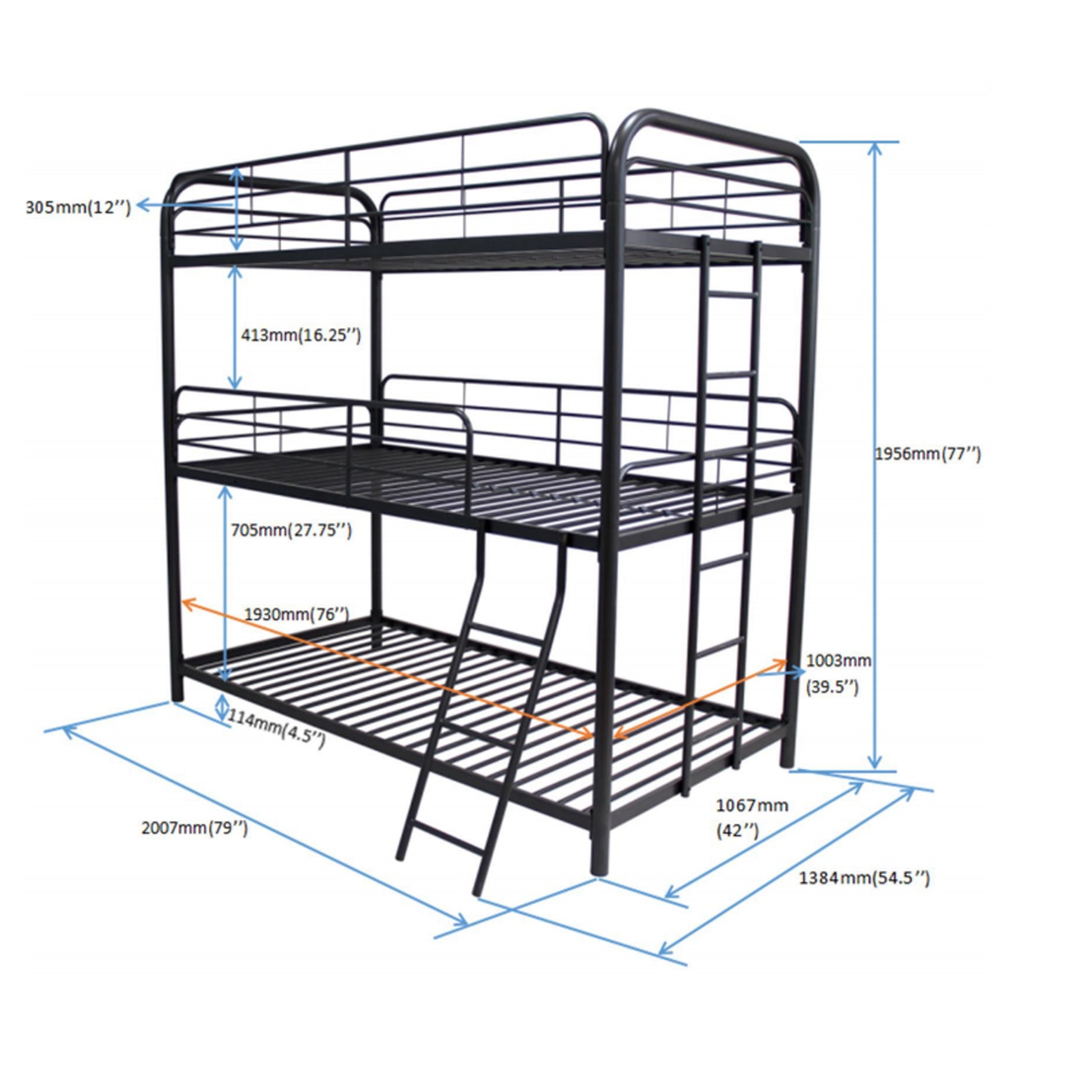 Black metal triple bunk bed with dimensions shown