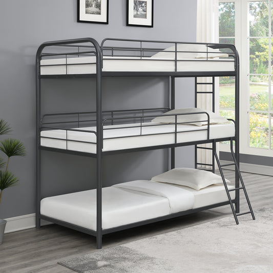Dark gray metal triple bunk bed with white mattresses and pillows