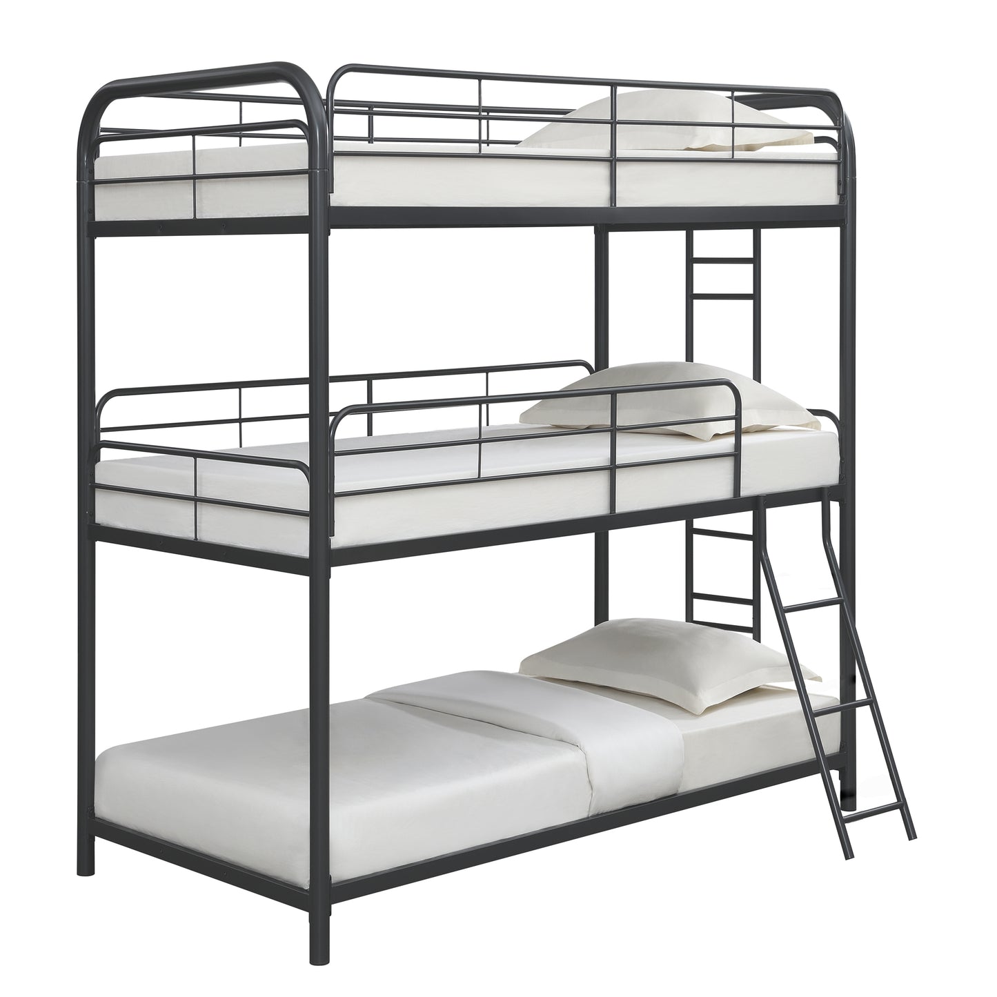 Threetier metal bunk bed in charcoal gray with white mattresses and pillows