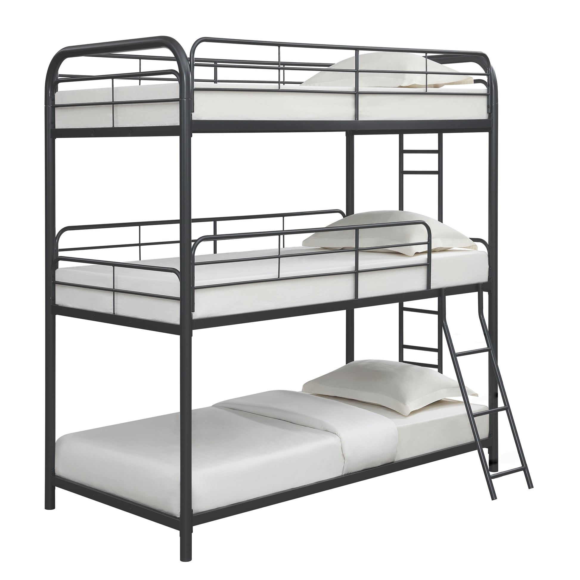 Threetier metal bunk bed in charcoal gray with white mattresses and pillows