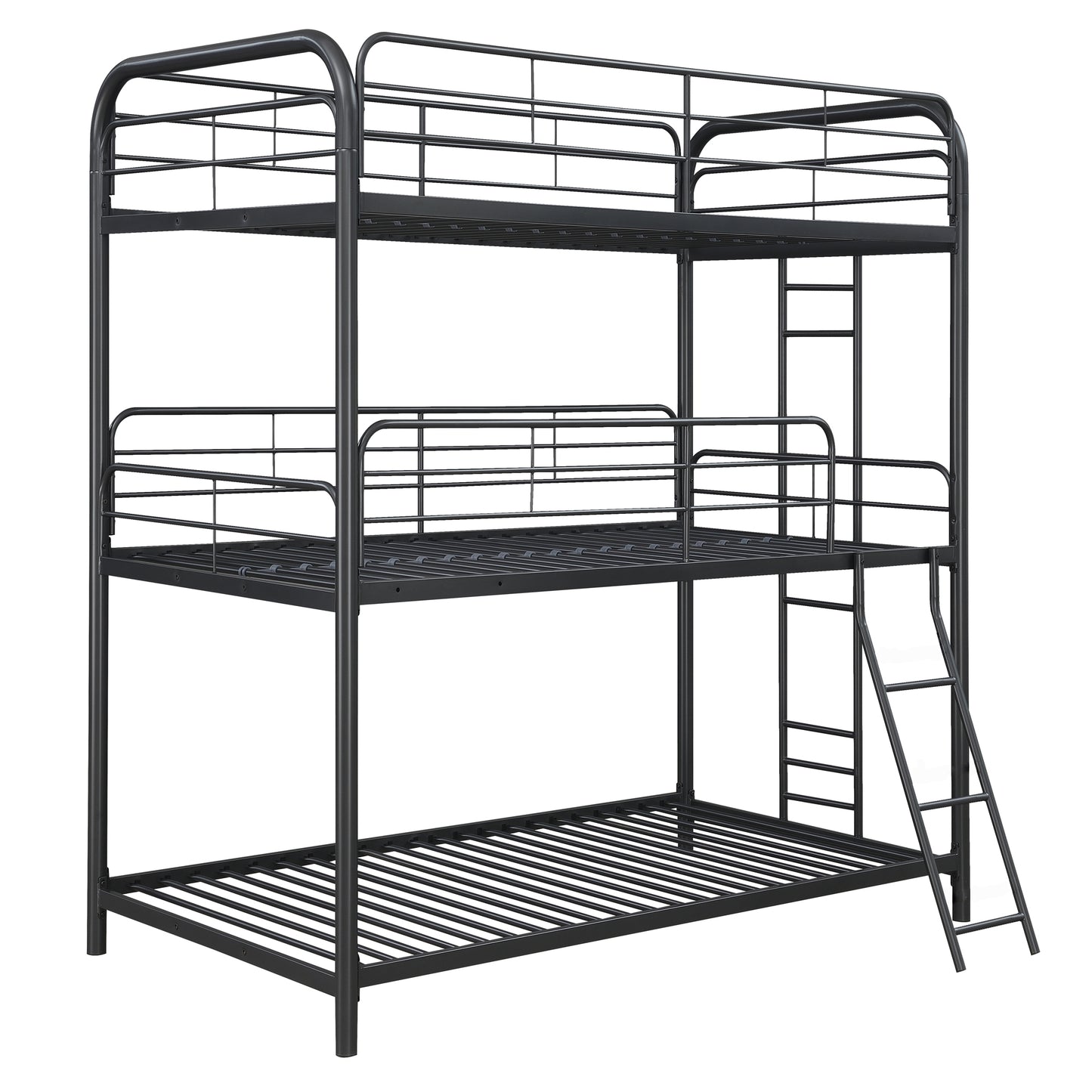 Durable black metal triple bunk bed with sturdy frame and integrated ladder for easy access