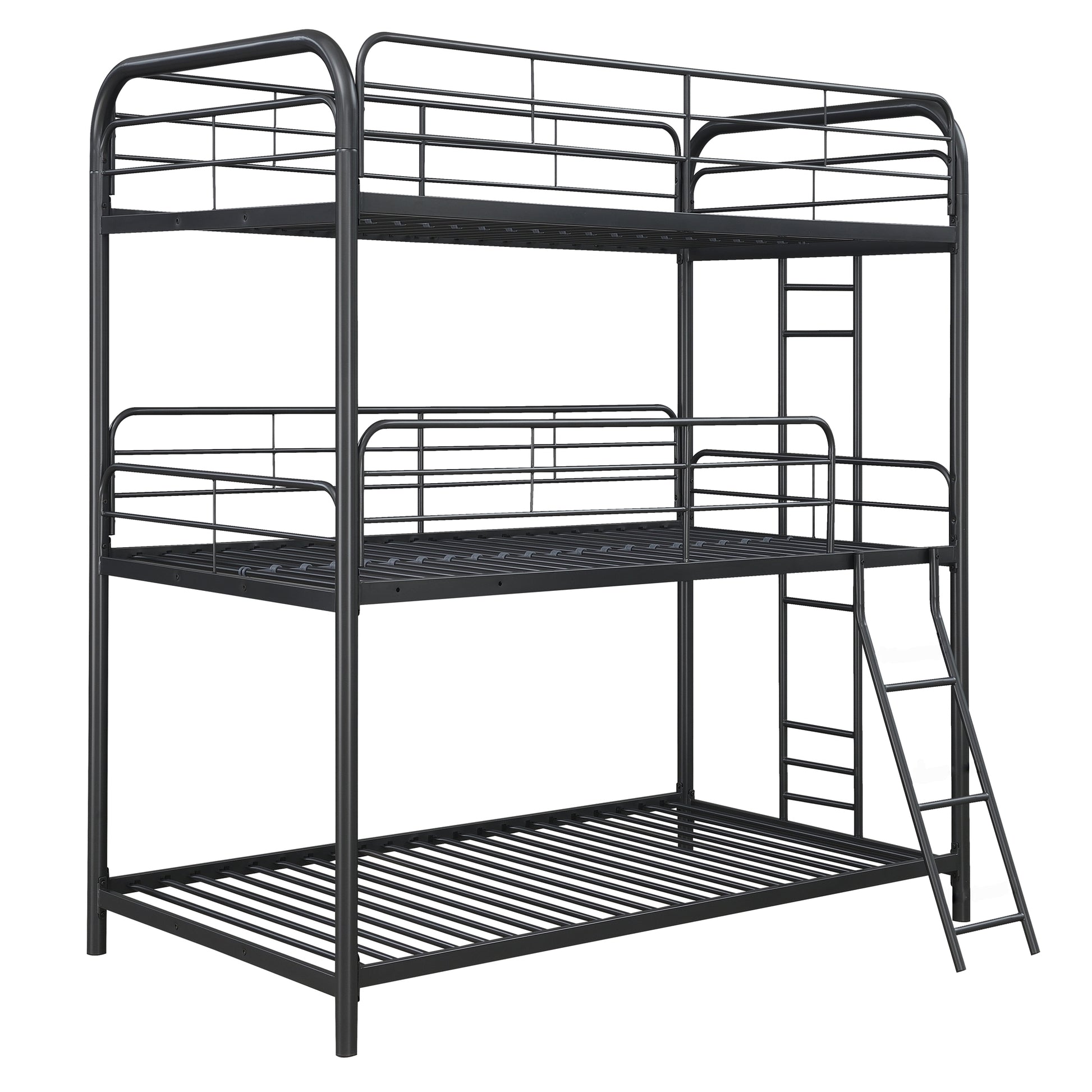 Durable black metal triple bunk bed with sturdy frame and integrated ladder for easy access