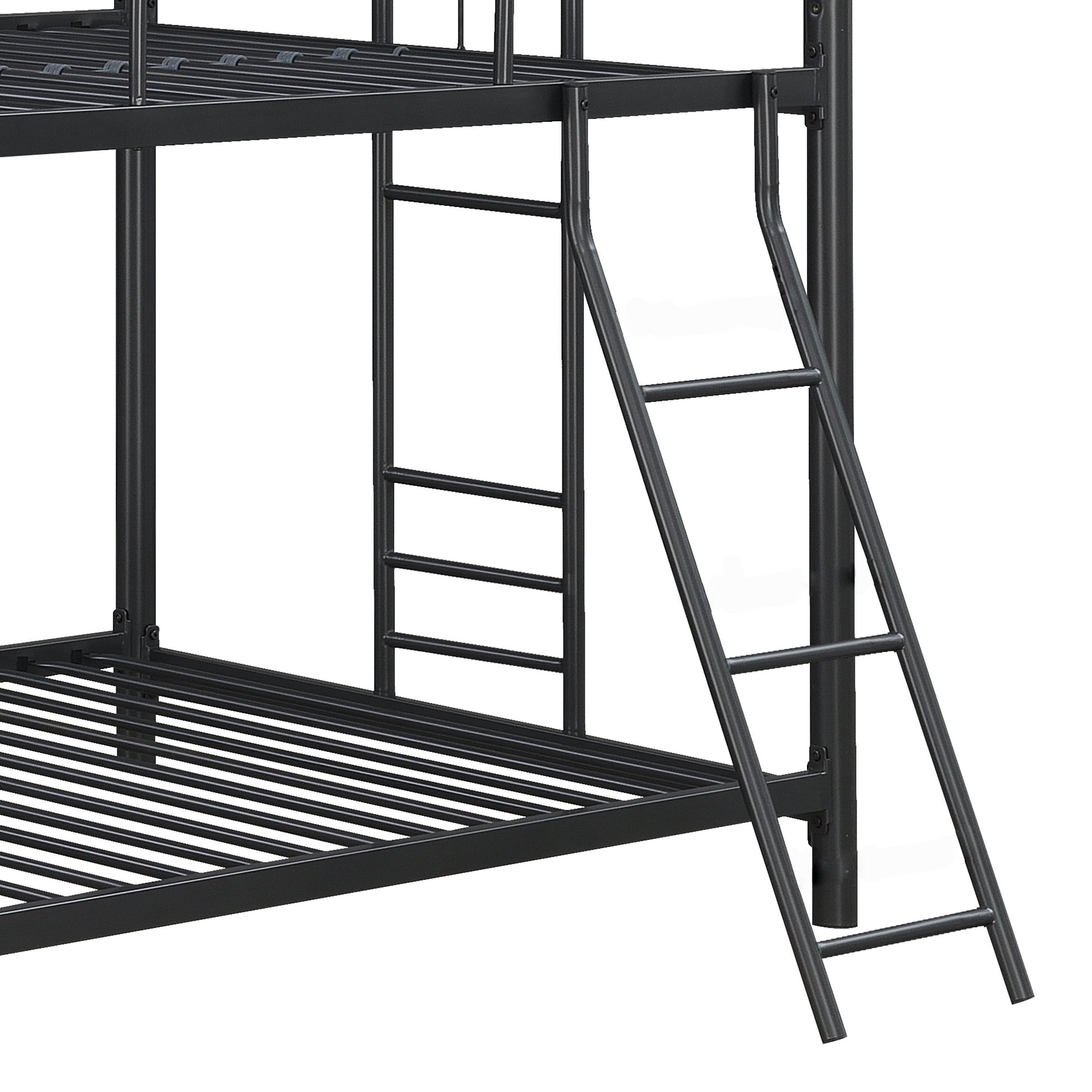Black metal twin over twin bunk bed frame with integrated ladder