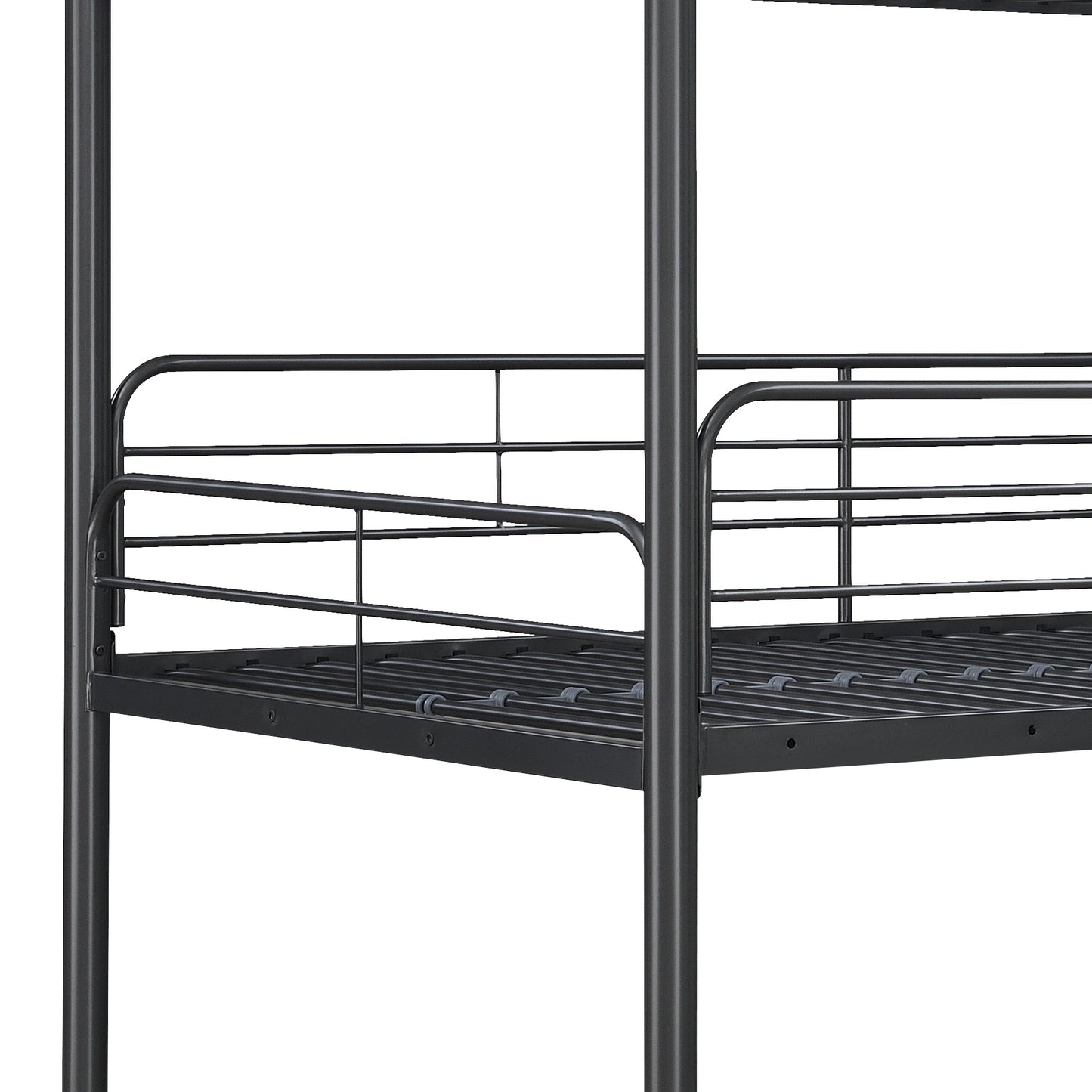Black metal bunk bed frame with sturdy guardrails for safety