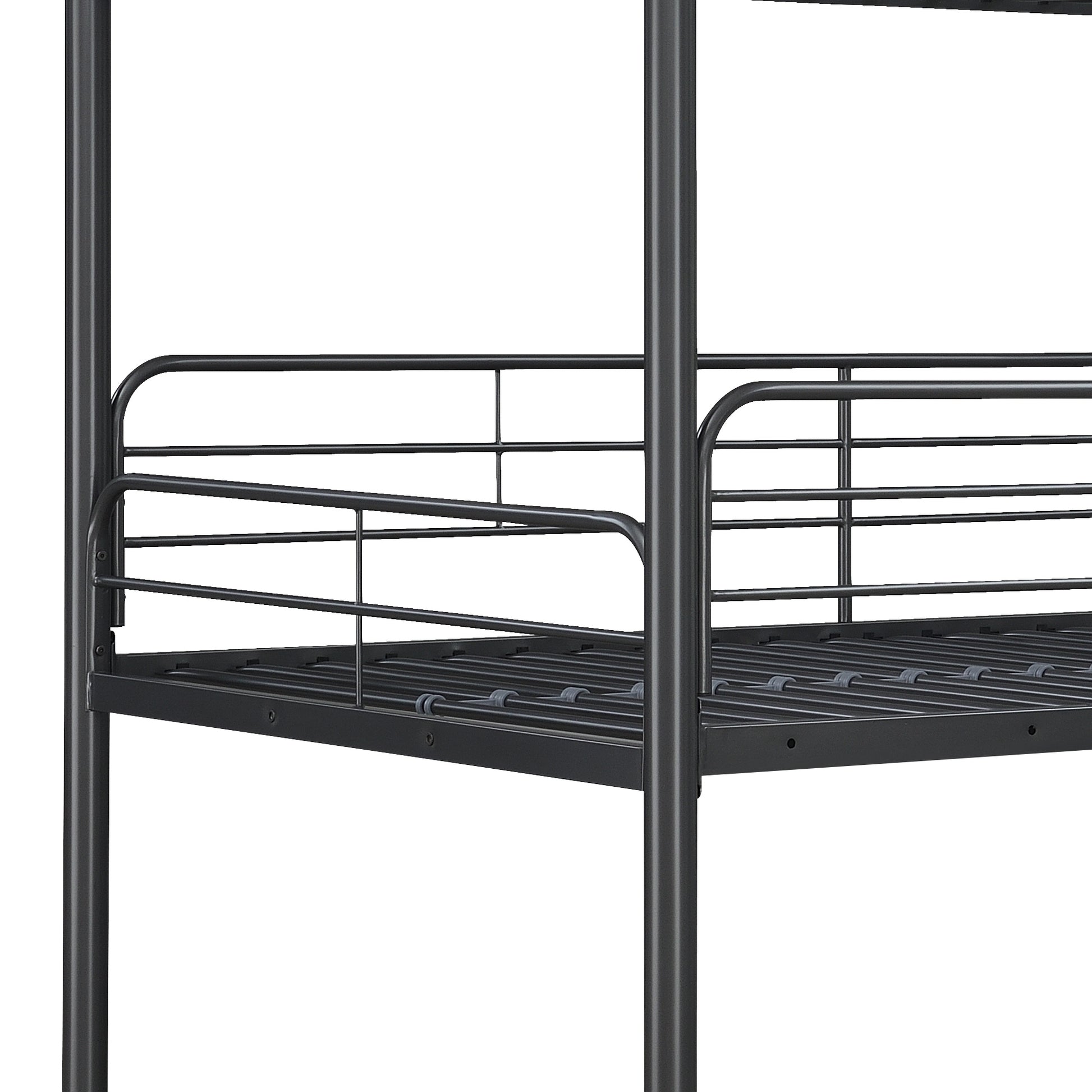 Black metal bunk bed frame with sturdy guardrails for safety