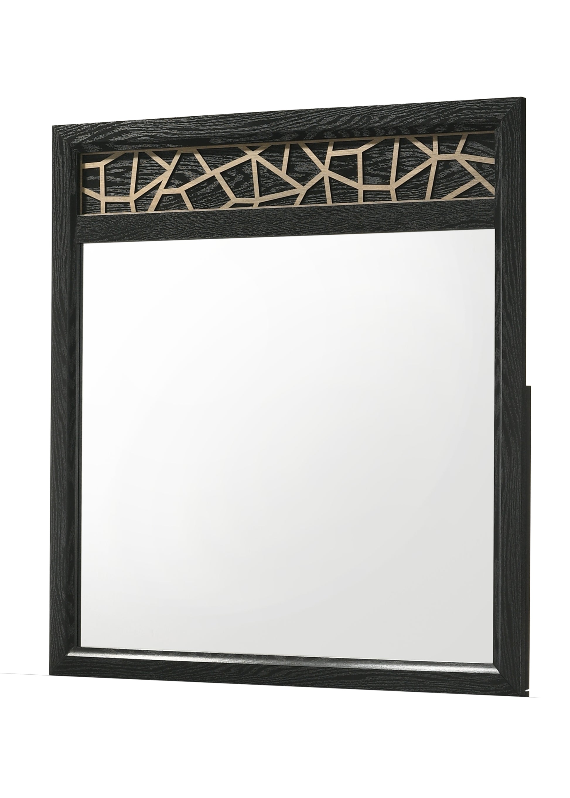Black wood framed mirror with geometric gold inlay detail