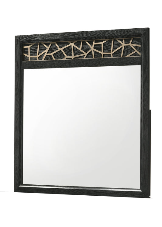 Black wood framed mirror with geometric gold inlay detail