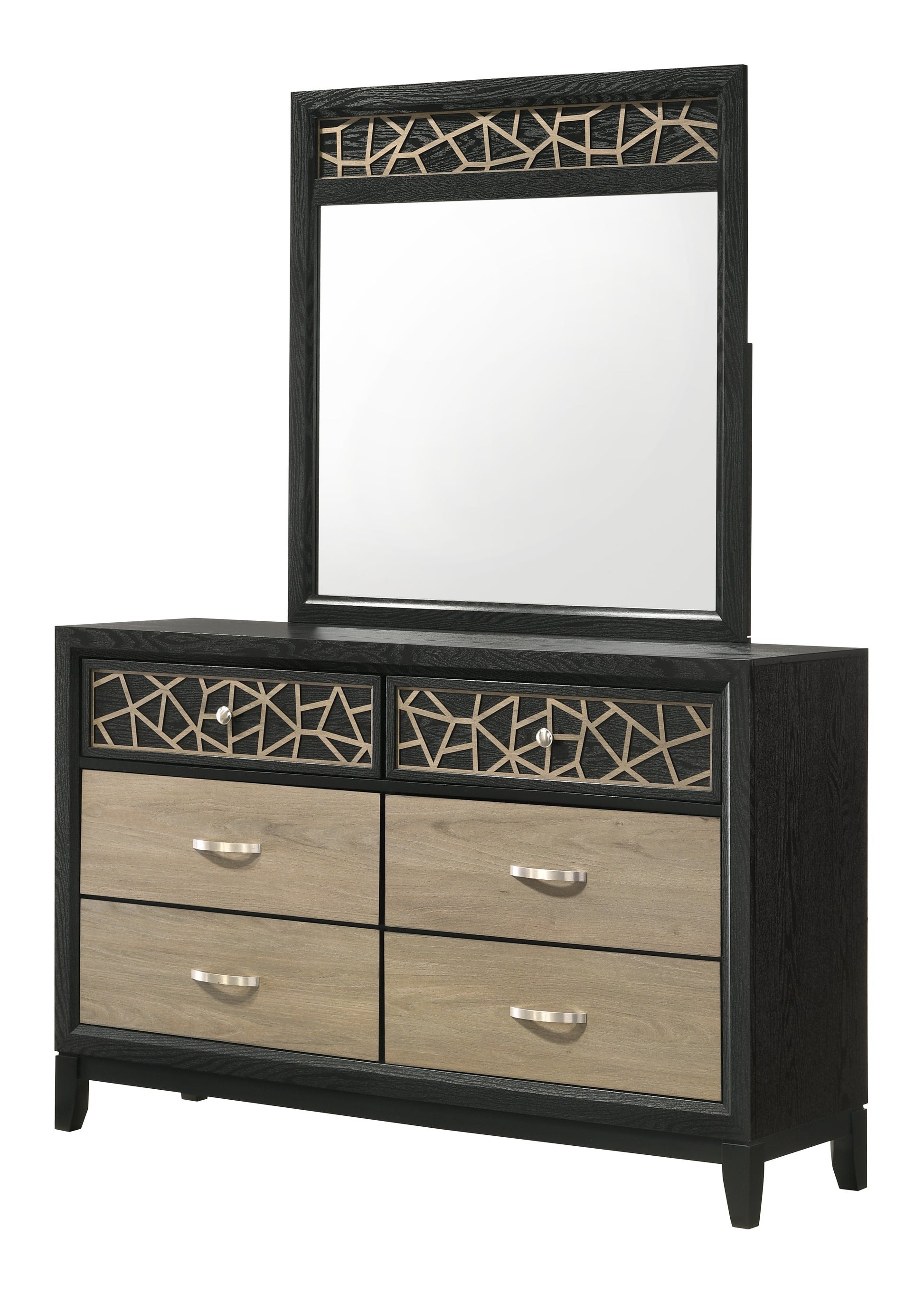 Dark wood dresser with mirrored top and geometric inlay design