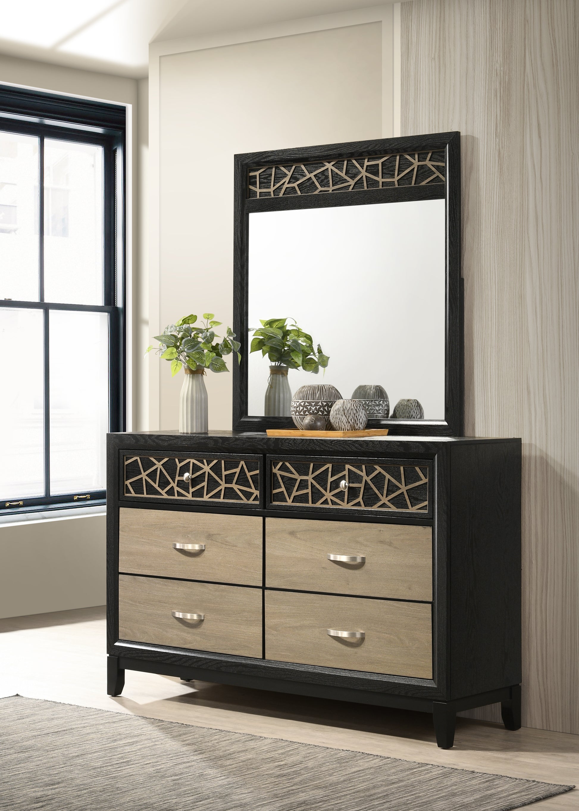 Black and light oak dresser with geometric inlay on drawer fronts and mirror