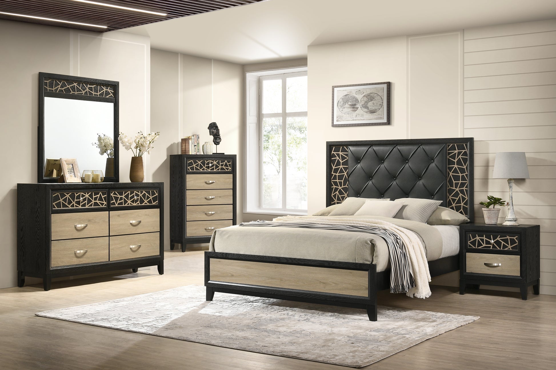 Black upholstered headboard queen bed with geometric wood accents