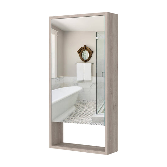 Modern grey wood medicine cabinet with mirrored door and open shelf