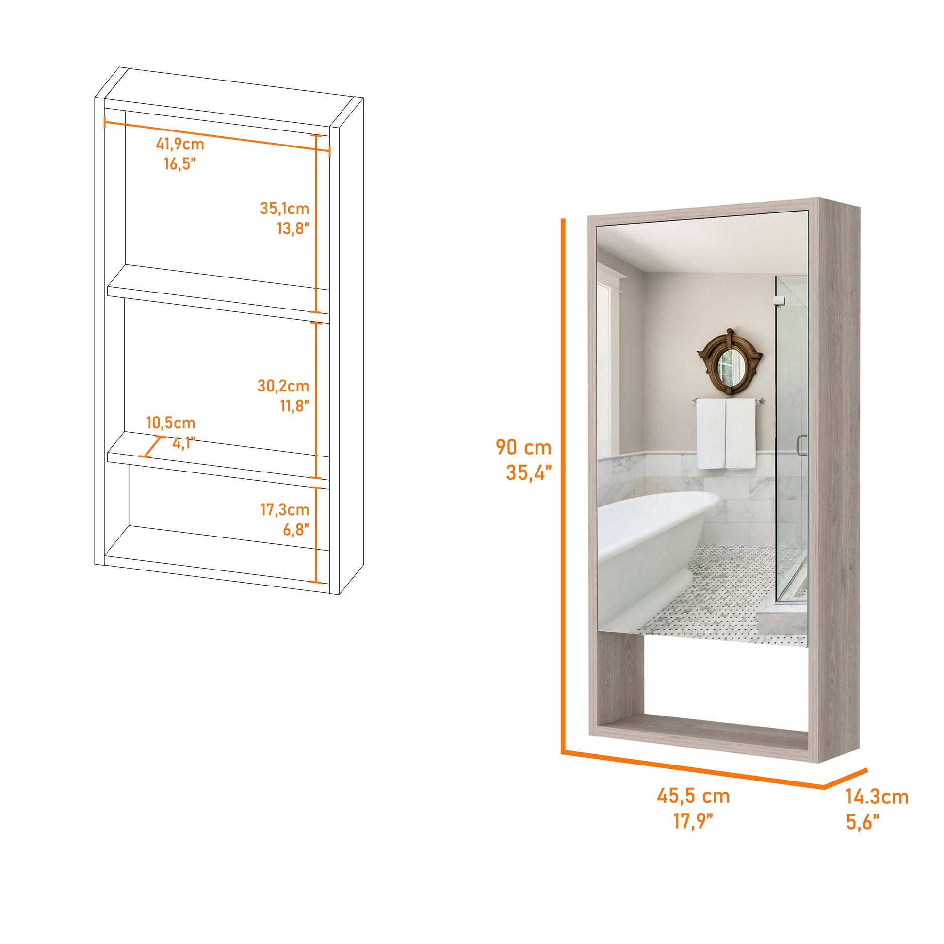 Modern grey wood medicine cabinet with mirrored door and interior shelf