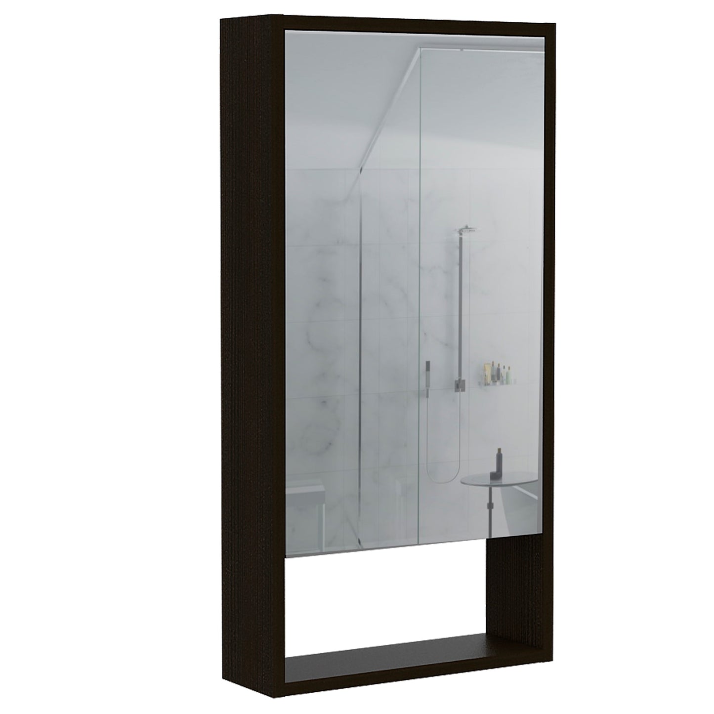 Dark wood medicine cabinet with mirrored door and open shelf