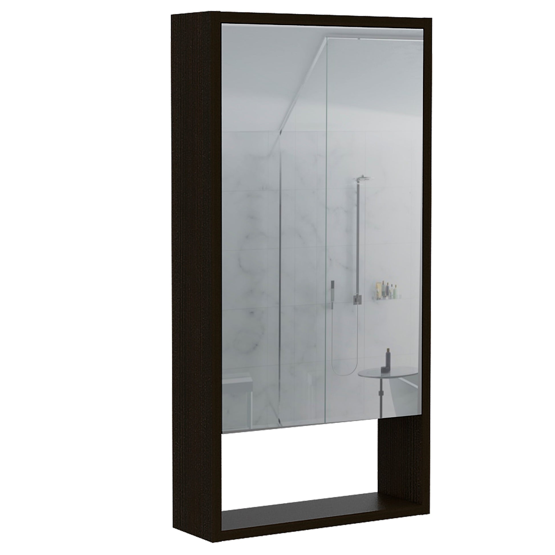 Dark wood medicine cabinet with mirrored door and open shelf