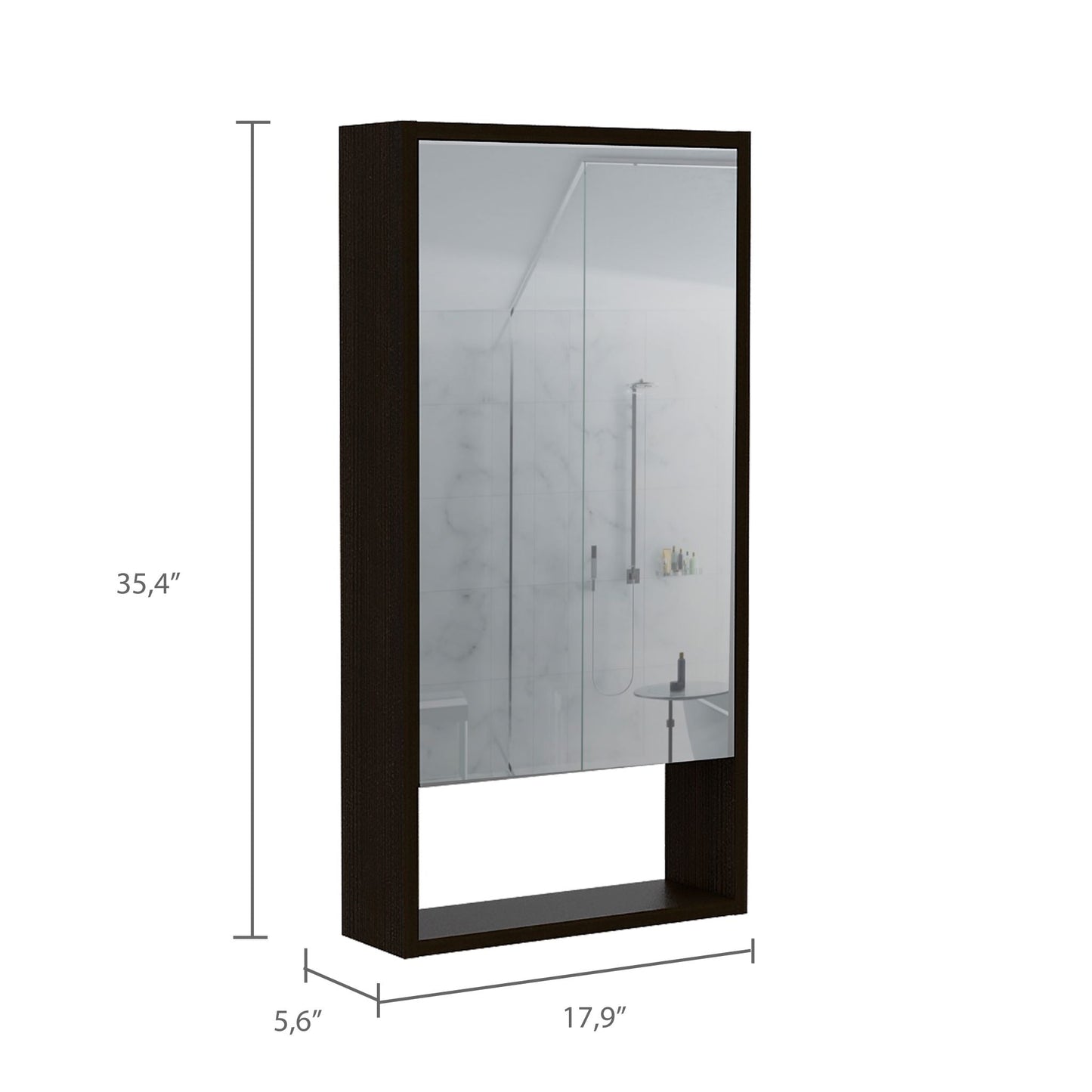 Dark wood medicine cabinet with mirrored door and open shelf