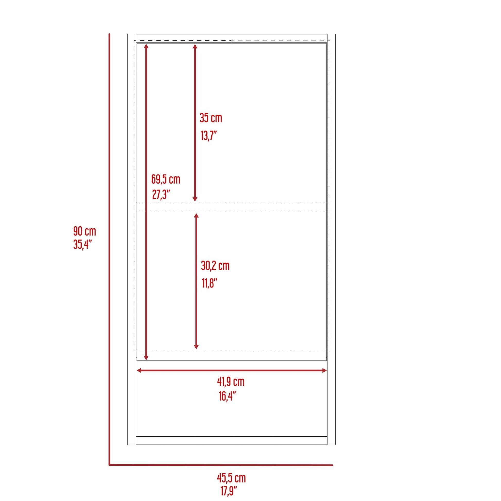 Diagram of a shelving unit with dimensions cm x cm
