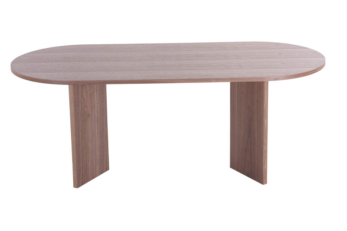 Oval walnut dining table with modern pedestal base