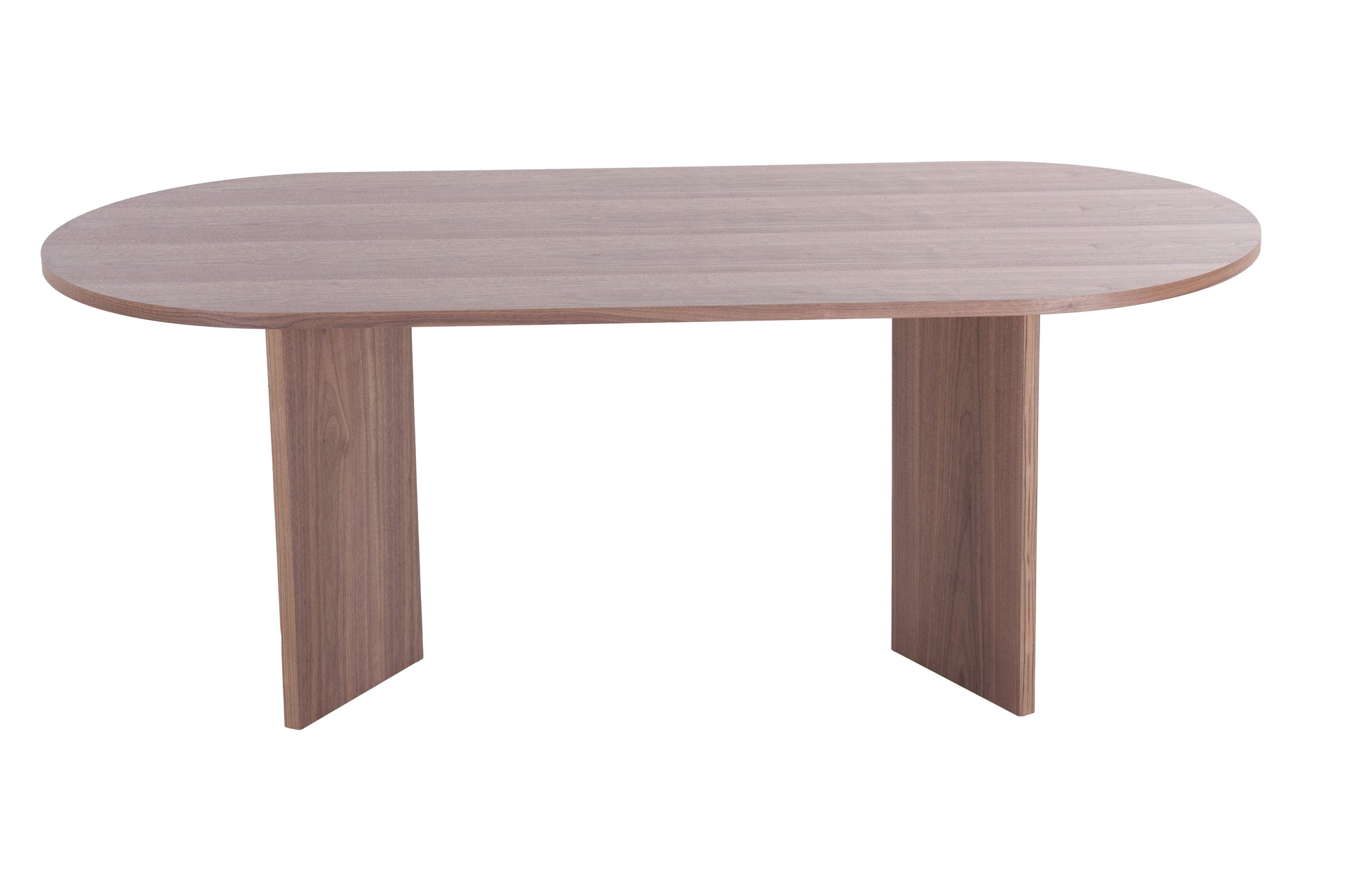 Oval walnut dining table with modern pedestal base