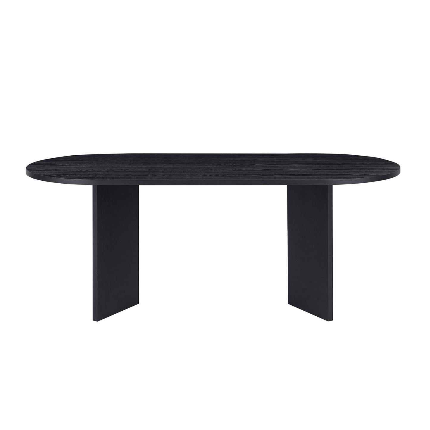 Sleek black oval dining table with textured wood grain finish and sturdy block legs