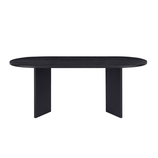 Sleek black oval dining table with textured wood grain finish and sturdy block legs
