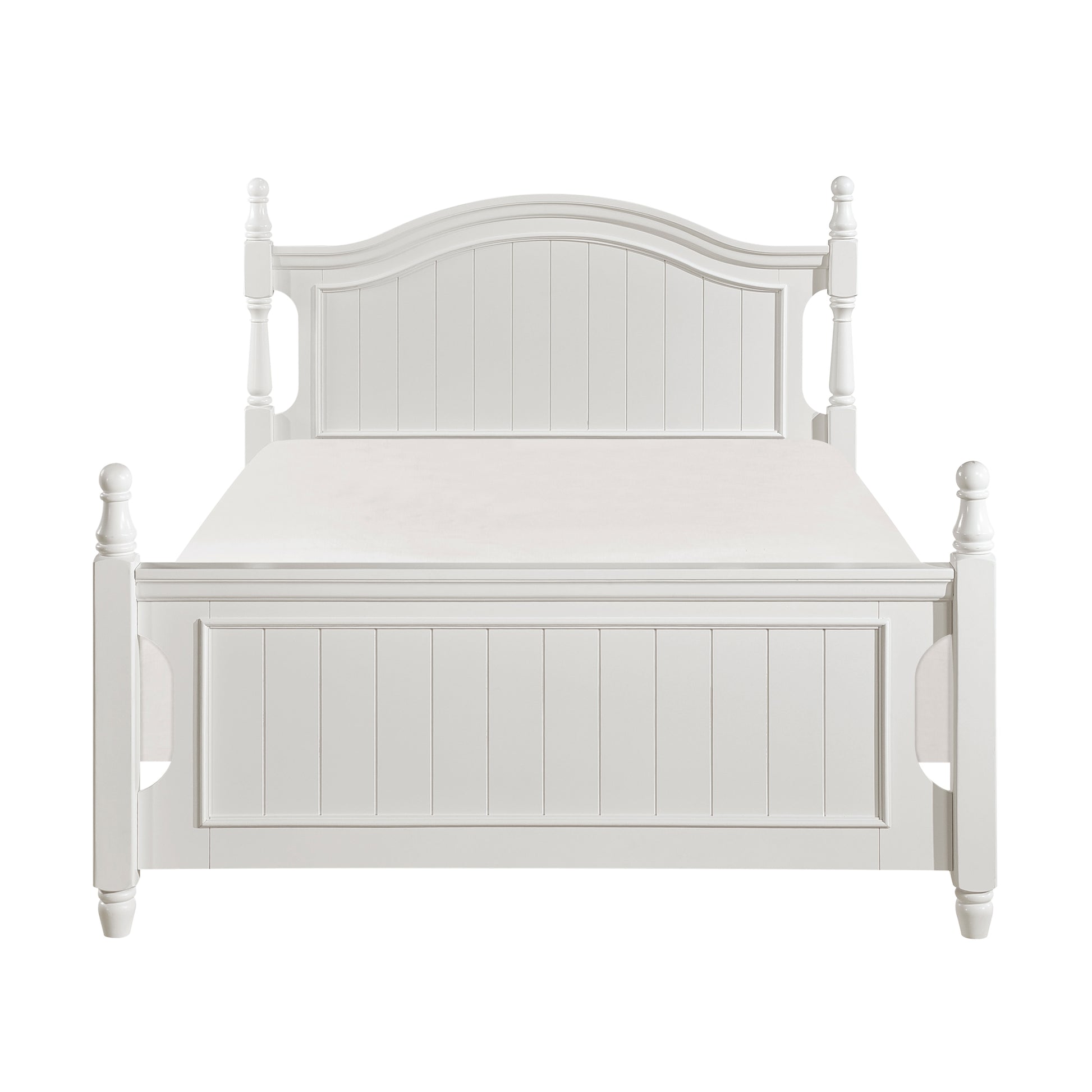 White wooden farmhouse bed frame with paneled headboard and footboard