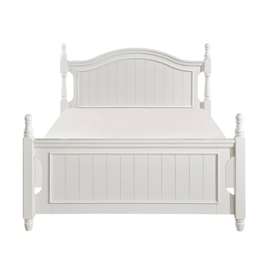 White wooden farmhouse bed frame with paneled headboard and footboard