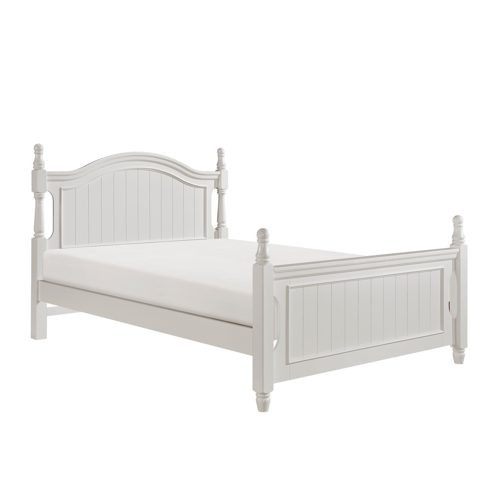 White panel headboard bed frame with turned posts and white mattress