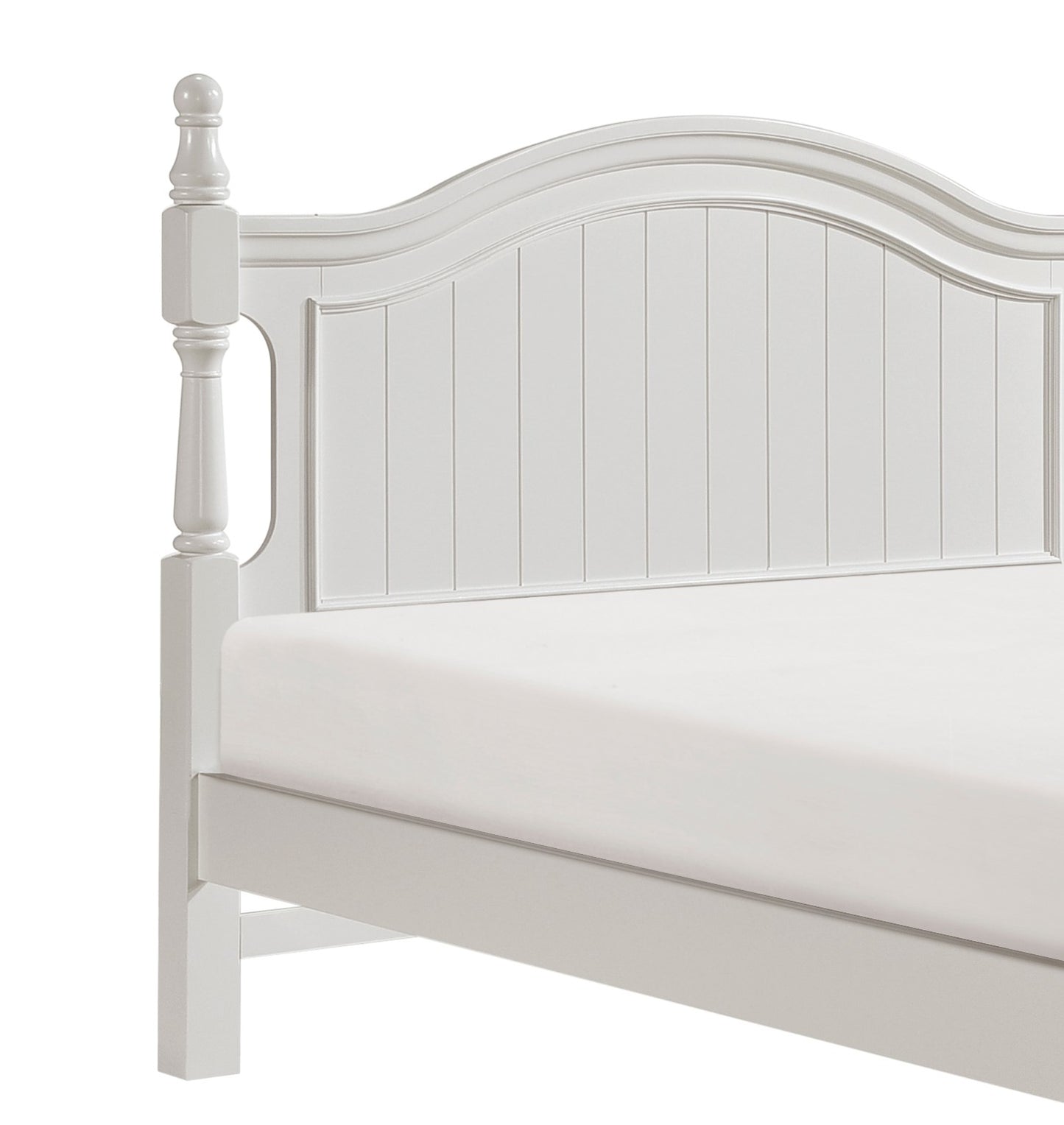 White wooden bed frame with paneled headboard