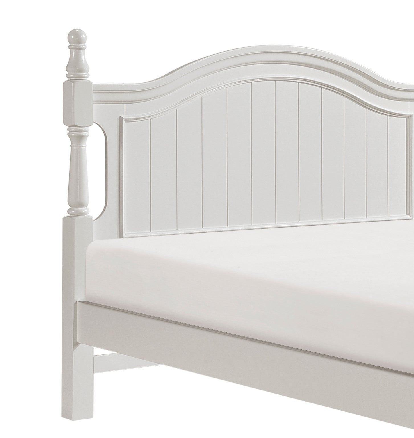 White wooden bed frame with paneled headboard