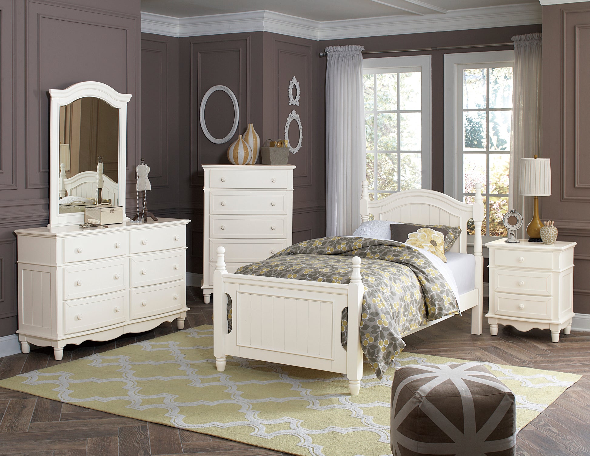 Cream white wooden bed with floral bedding