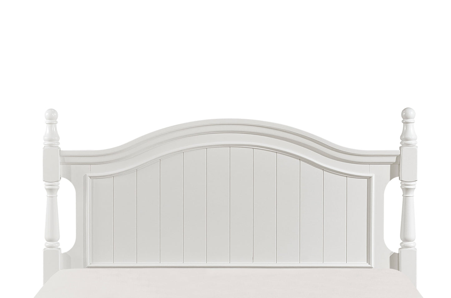 White wooden bed frame headboard with fluted detailing and turned posts