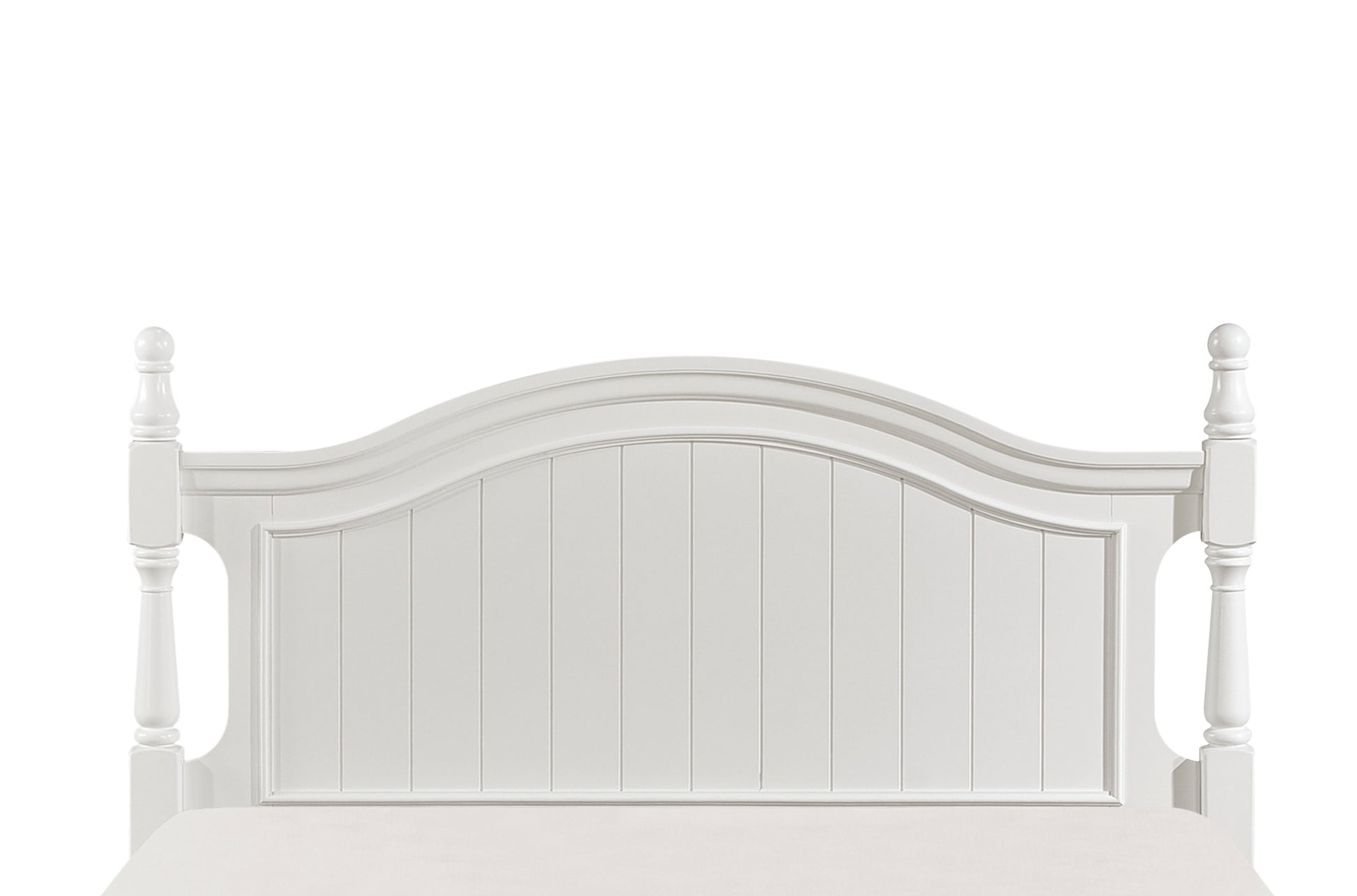 White wooden bed frame headboard with fluted detailing and turned posts